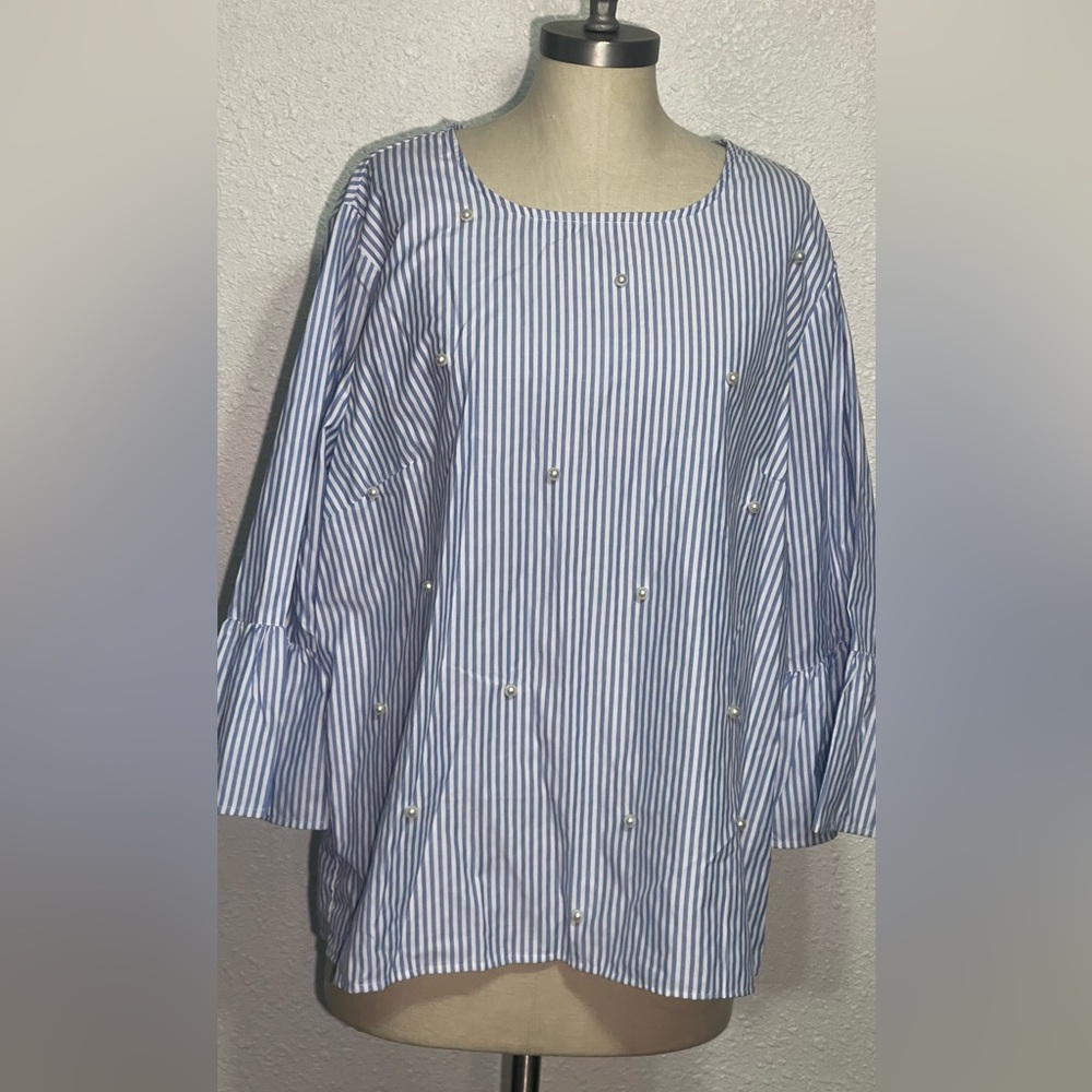Jennifer & grace Blue Striped Women's Top with Pearl Accents size 1X